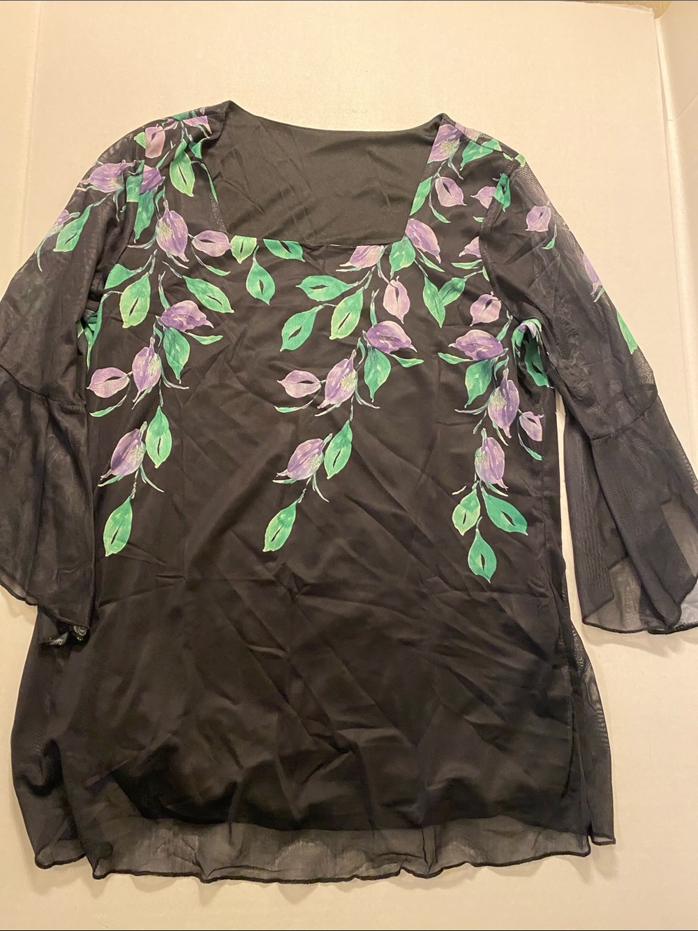 Black Floral Square-Neck Tunic with Purple & Green Leaf Motif